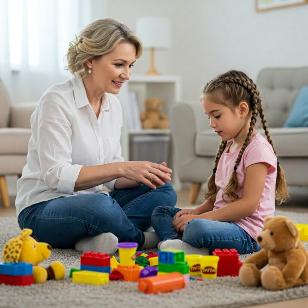 A counselor engaging in play therapy with a young girl, representing a nurturing environment for child counseling.