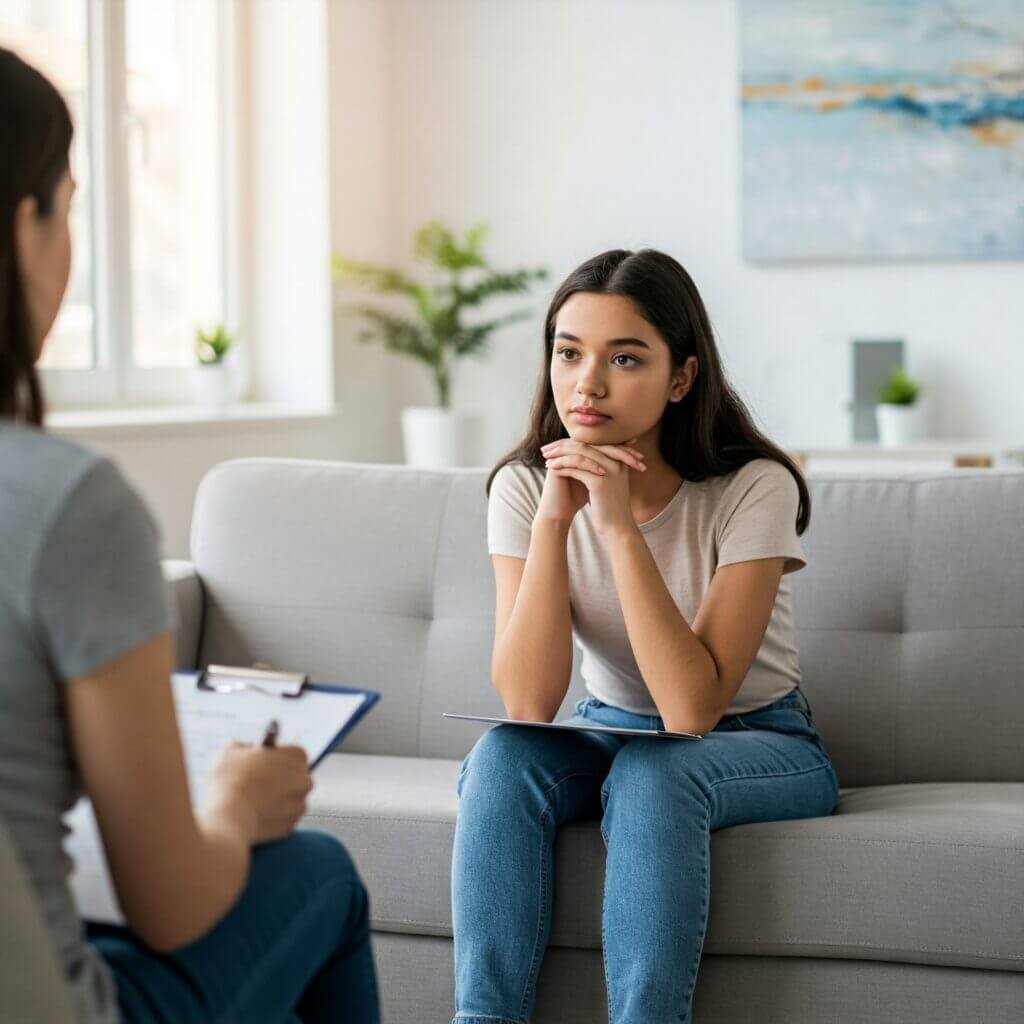 A young woman or teen in a counseling session, looking thoughtful while listening to a therapist.